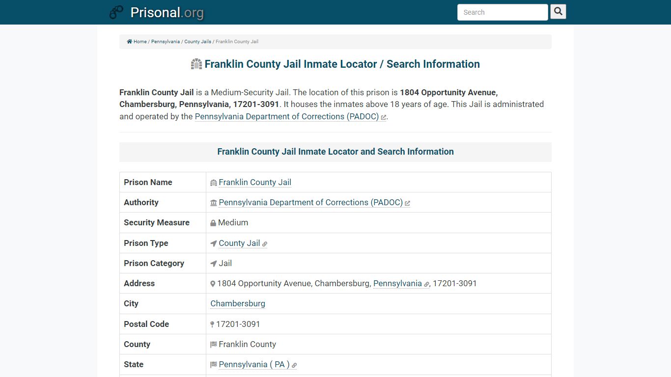 Franklin County Jail Inmate Locator / Search Information